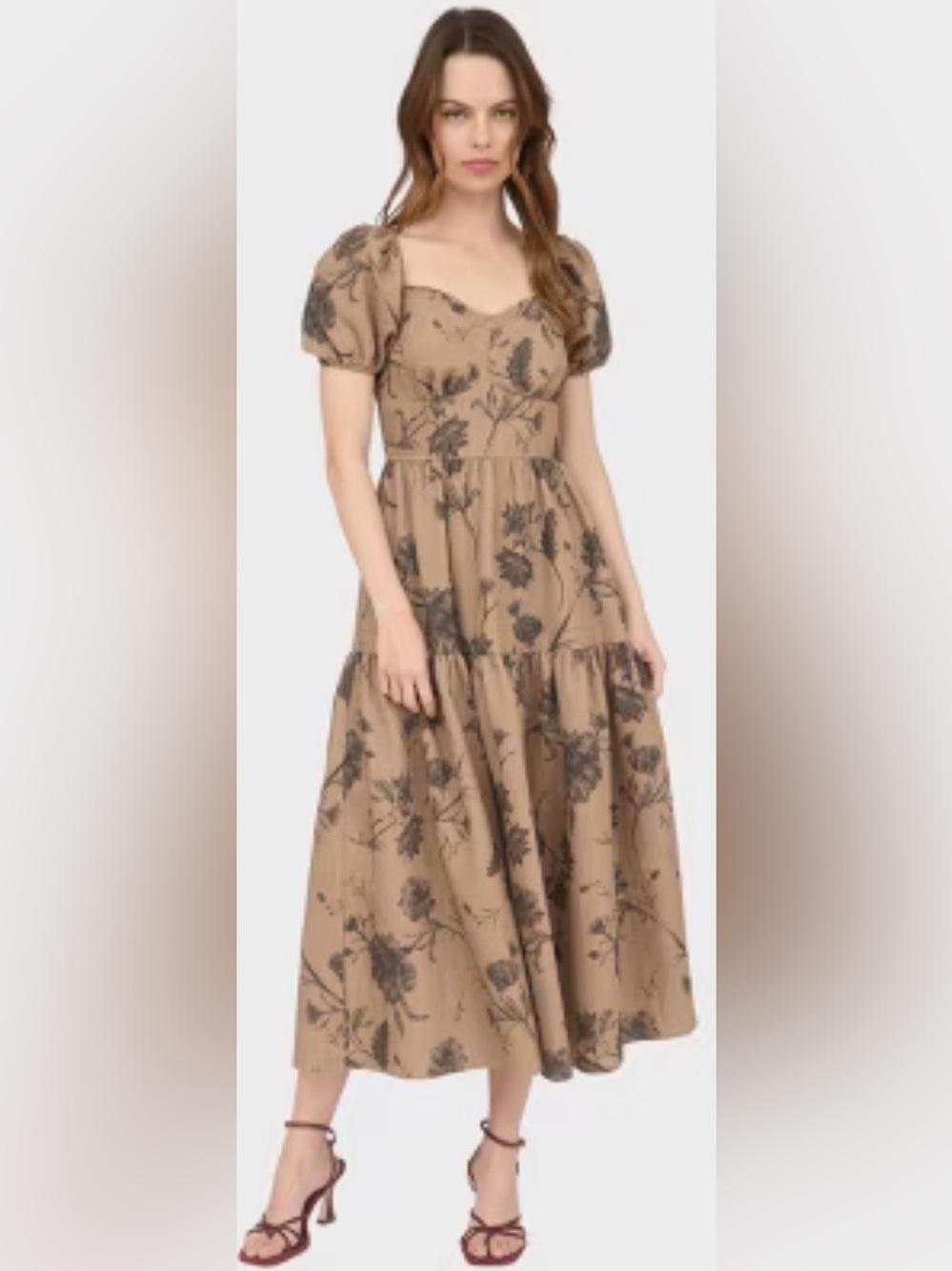 August Sky L Floral Puff-Sleeve Tiered Maxi Dress in Tan